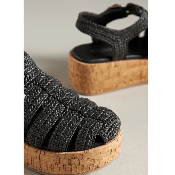 Anthropologie Silent D Fisherman Cork Platform Sandal | EU 39, 8 8.5 Black Rafia - Picture 3 of 3
